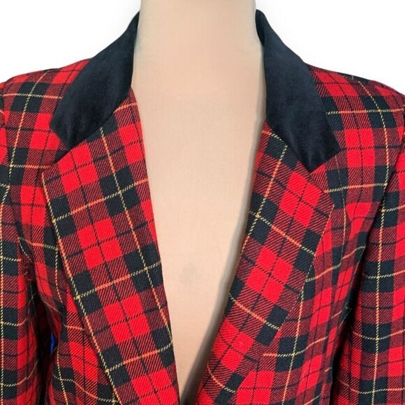 Vintage Petite Blazer Jacket Tailored Red Black Tartan Plaid Velvet Preppy 12 - Picture 4 of 9